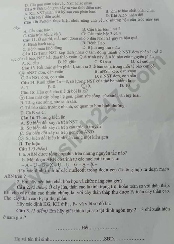 De kiem tra hoc ki 1 nam 2021 Phong GD Trang Dinh - Sinh lop 9