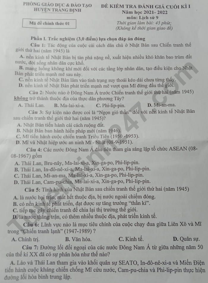 De thi ki 1 lop 9 mon Su nam 2021 - Huyen Trang Dinh