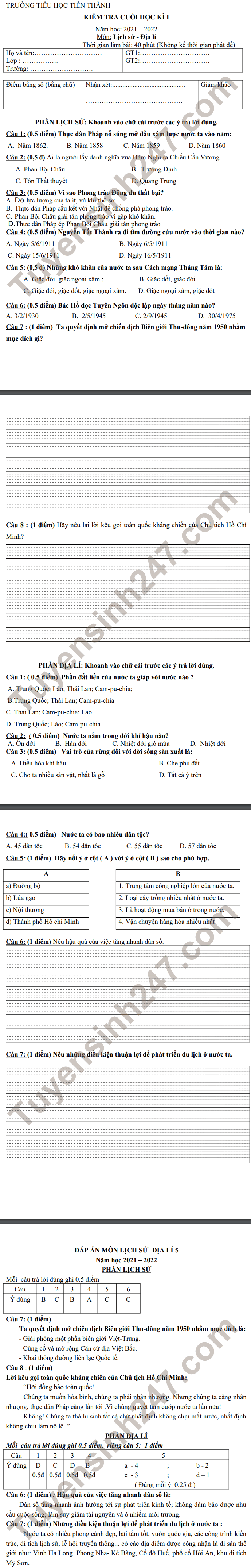 De thi cuoi ki 1 mon Su-Dia lop 5 - TH Tien Thanh 2021