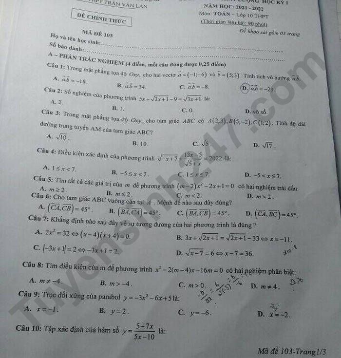 De thi hoc ki 1 Toan 10 nam 2021 THPT Tran Van Lan