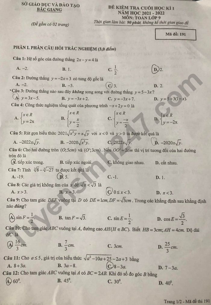 De thi hoc ki 1 mon Toan lop 9 - So GD Bac Giang 2021