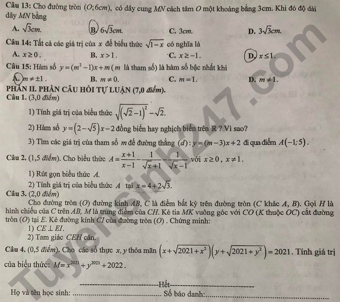 De thi hoc ki 1 mon Toan lop 9 - So GD Bac Giang 2021
