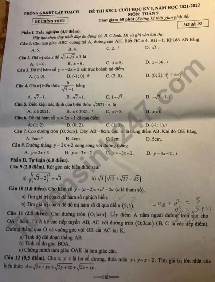 De thi hoc ki 1 nam 2021 - 2022 Toan 9 Phong GD Lap Thach