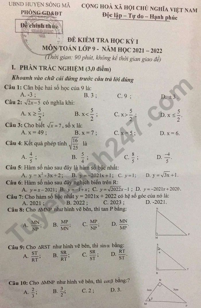 De thi ki 1 nam 2021 - 2022 Toan lop 9 huyen Song Ma