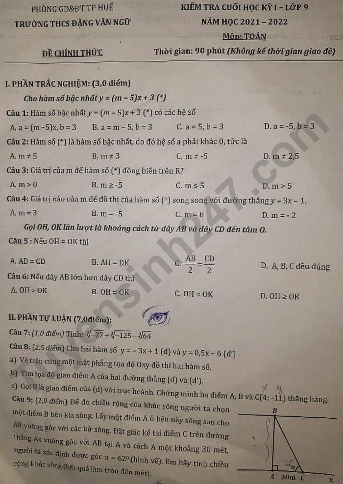 De thi ki 1 nam 2021 THCS Dang Van Ngu lop 9 mon Toan