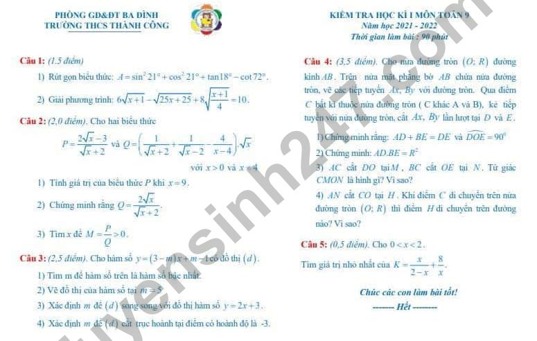 De kiem tra hoc ki 1 nam 2021 THCS Thanh Cong - lop 9 mon Toan