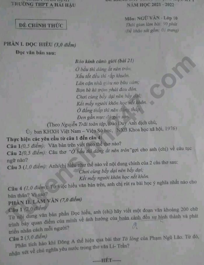 De thi hoc ki 1 lop 10 mon Van nam 2021 - THPT A Hai Hau