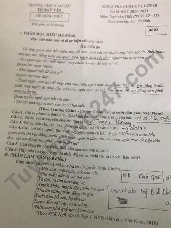 De thi cuoi ki 1 nam 2021 Van lop 10 THPT Cao Loc