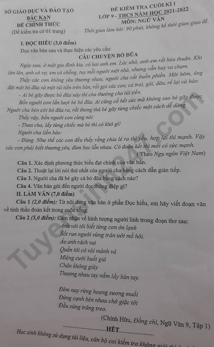 De thi cuoi ki 1 mon Van lop 9 - So GD Bac Kan 2021