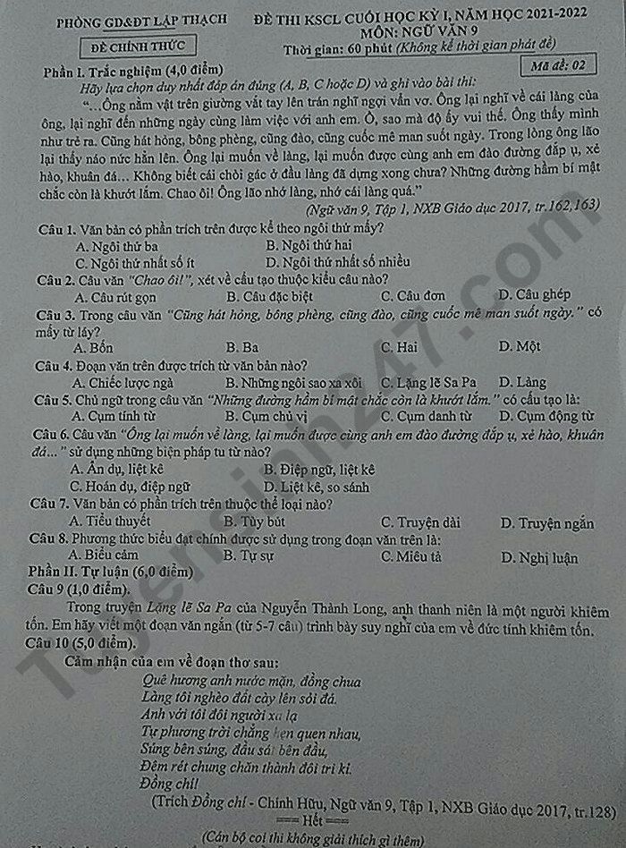 De thi mon Van lop 9 hoc ki 1 nam 2021 - Phong GD Lap Thach
