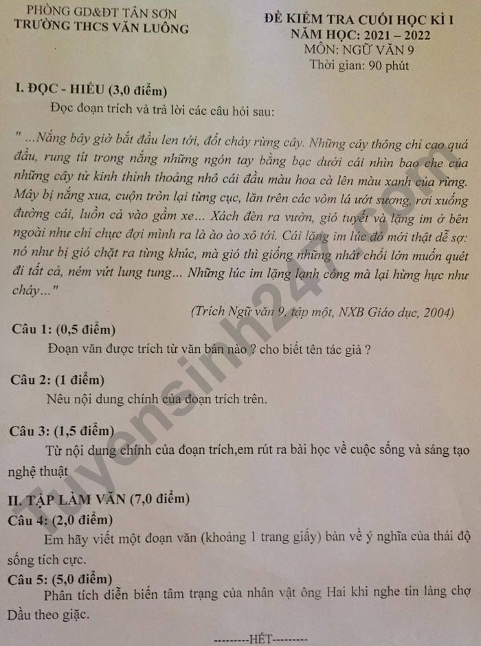 De thi ki 1 nam 2021 Van lop 9 THCS Van Luong