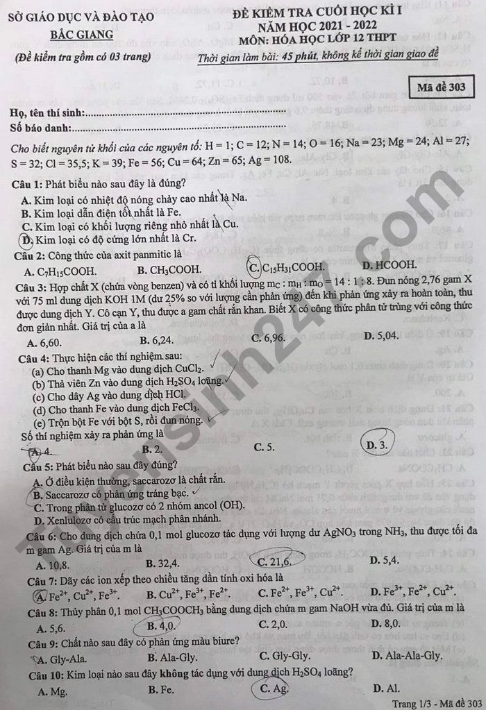 De thi hoc ki 1 Hoa lop 12 nam 2021 tinh Bac Giang