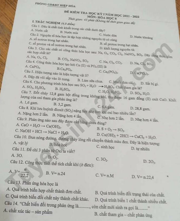 De thi hoc ki 1 lop 8 mon Hoa nam 2021 - Phong GD Hiep Hoa