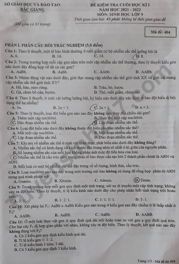 De thi ki 1 nam 2021 - 2022 tinh Bac Giang lop 9 mon Sinh