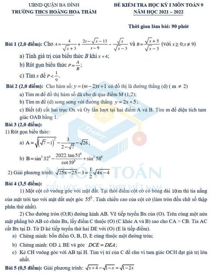 De thi hoc ki 1 mon Toan 9 nam 2021 - THCS Hoang Hoa Tham