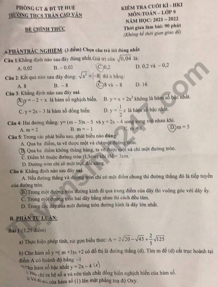 De thi cuoi ki 1 THCS Tran Cao Van nam 2021 - lop 9 mon Toan