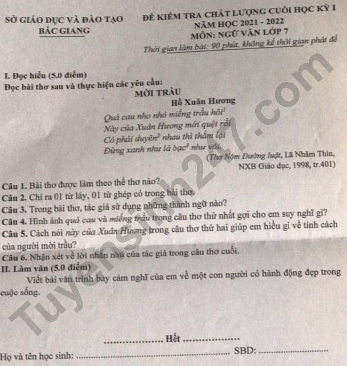 De thi hoc ki 1 lop 7 nam 2021 tinh Bac Giang mon Van