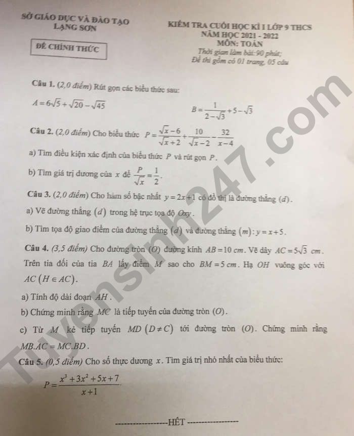 De thi hoc ki 1 mon Toan lop 9 So GD Lang Son 2021-2022