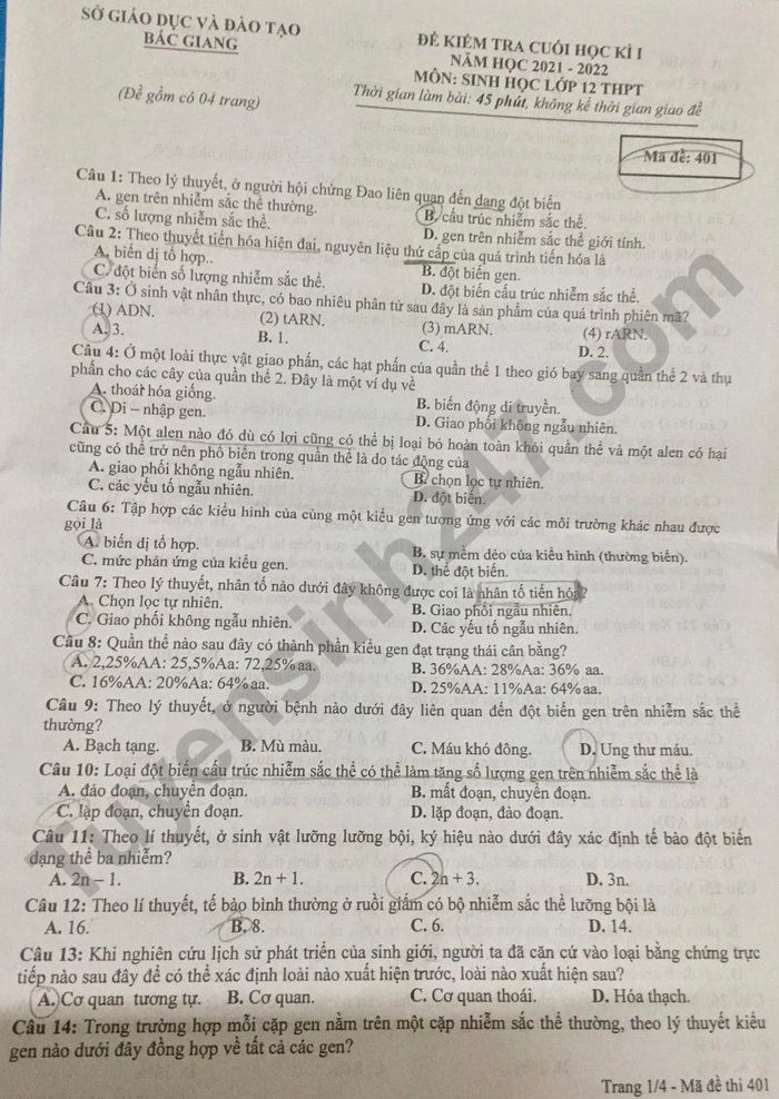 De thi ki 1 mon Sinh lop 12 - So GD Bac Giang 2021