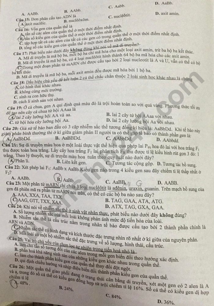 De thi ki 1 mon Sinh lop 12 - So GD Bac Giang 2021