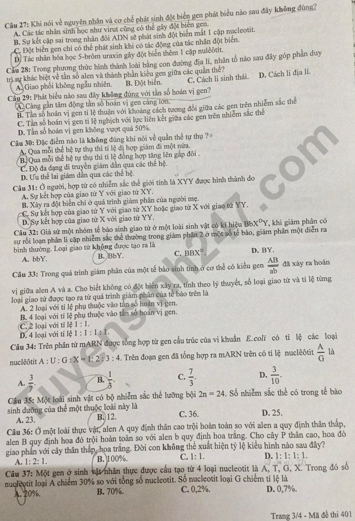 De thi ki 1 mon Sinh lop 12 - So GD Bac Giang 2021