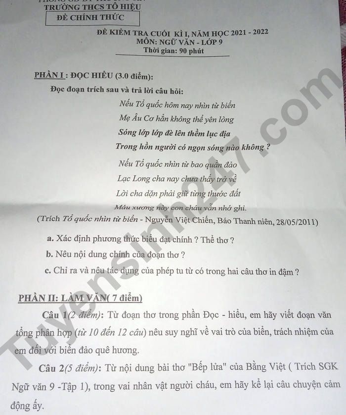 De thi hoc ki 1 lop 9 mon Van THCS To Hieu 2021
