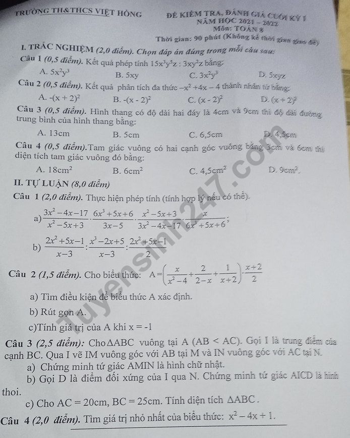 De thi ki 1 lop 8 mon Toan nam 2021 - THCS Viet Hong