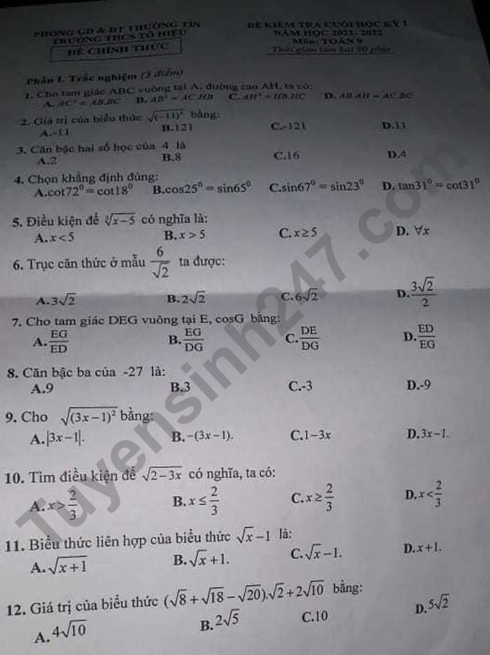 De thi hoc ki 1 nam 2021 THCS To Hieu - lop 9 mon Toan