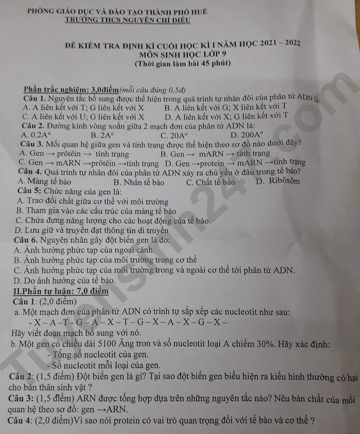 De thi hoc ki 1 mon Sinh lop 9 THCS Nguyen Chi Dieu 2021