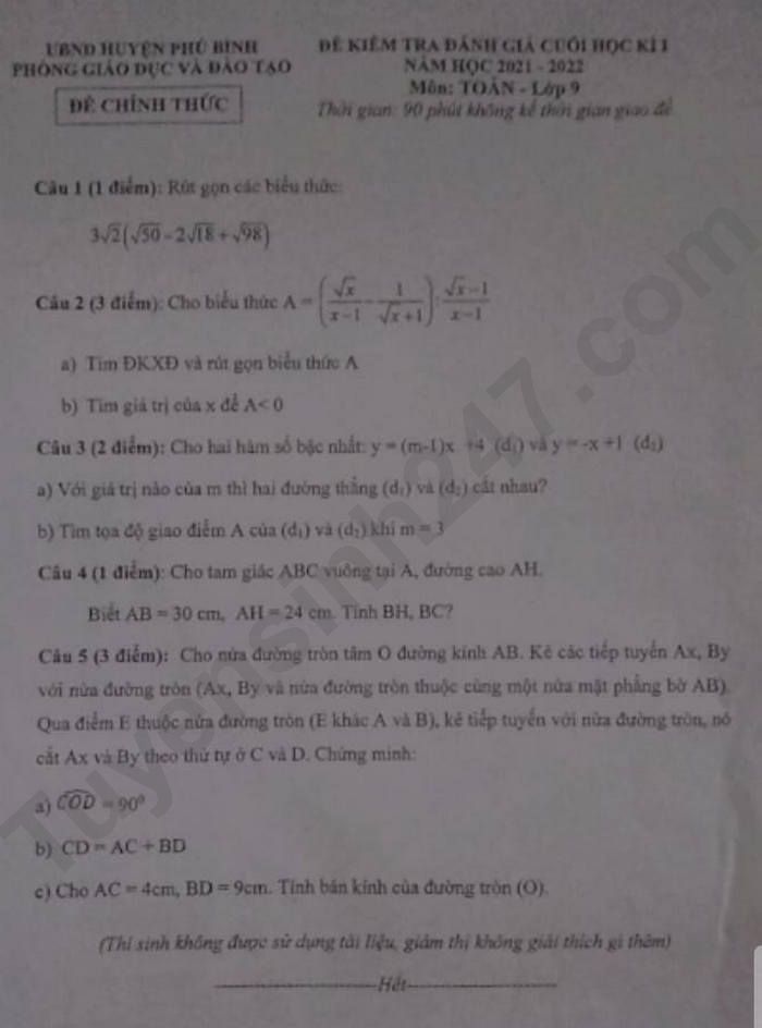 De thi cuoi ki 1 Huyen Phu Binh mon toan lop 9 2021