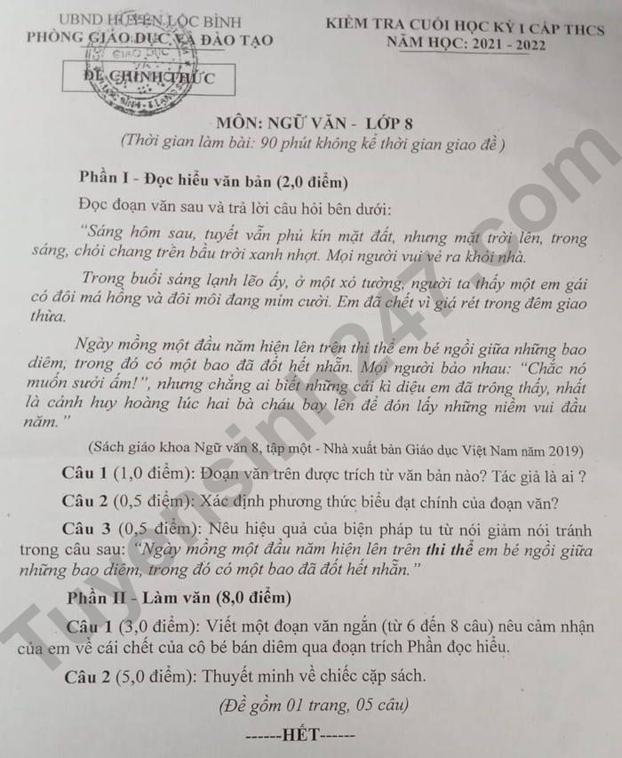 De kiem tra hoc ki 1 2021 mon Van lop 8 Huyen Loc Binh