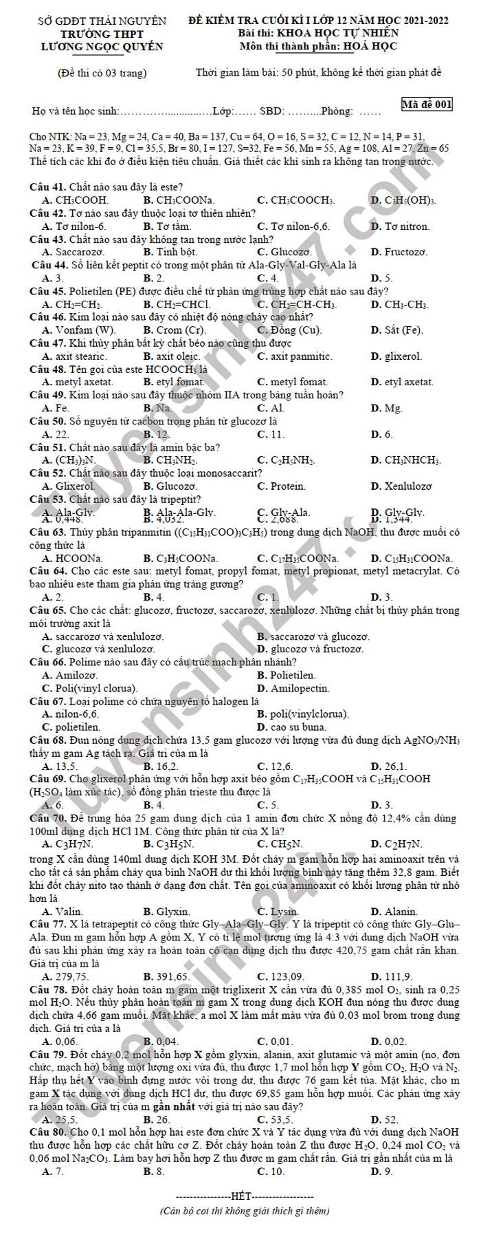 De thi hoc ki 1 nam 2021 - THPT Luong Ngoc Quyen mon Hoa 12