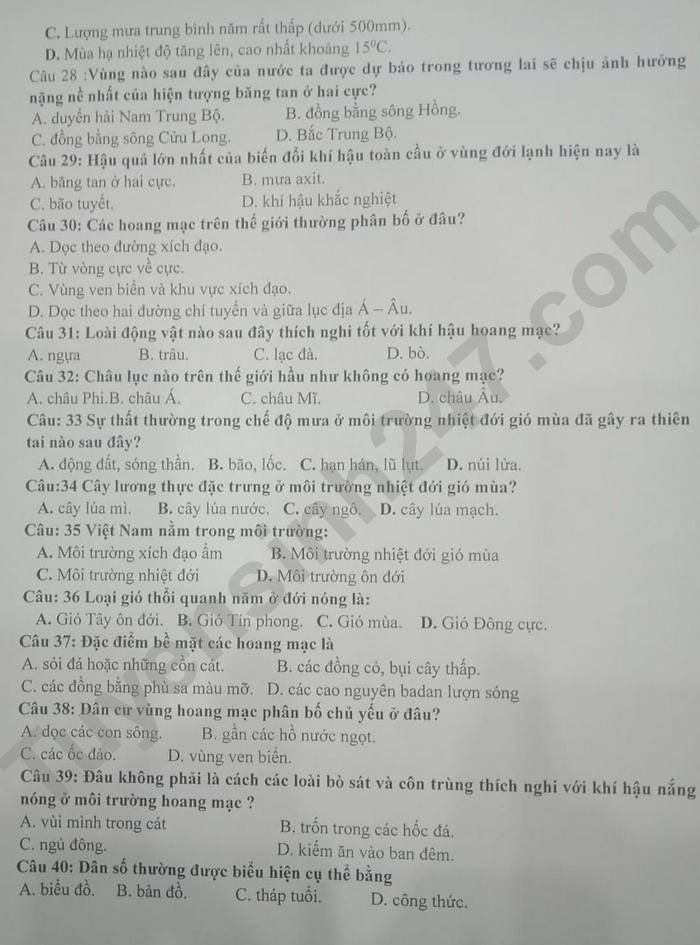 De thi hoc ki 1 lop 7 mon Dia 2021 THCS Nguyen Phong Sac