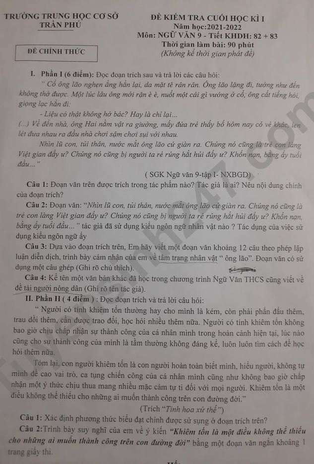 De thi hoc ki 1 mon Van lop 9 THCS Tran Phu 2021