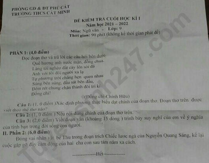 De thi hoc ki 1 THCS Cat Minh 2021 mon Van lop 9