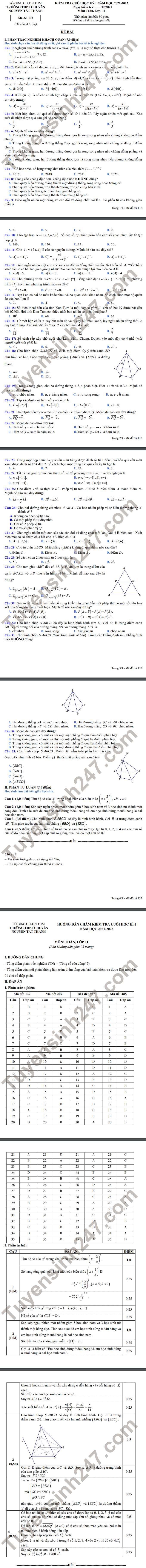De thi hoc ki 1 nam 2021 THPT Chuyen Nguyen Tat Thanh - lop 11 mon Toan