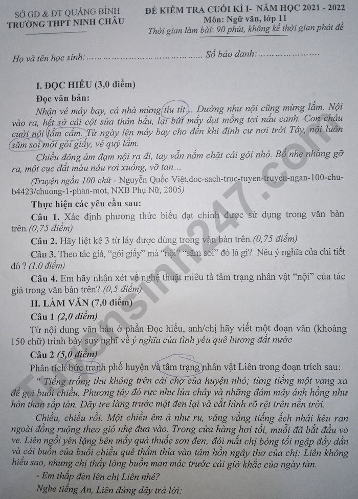 De thi cuoi ki 1 mon Van lop 11 THPT Ninh Chau nam 2021