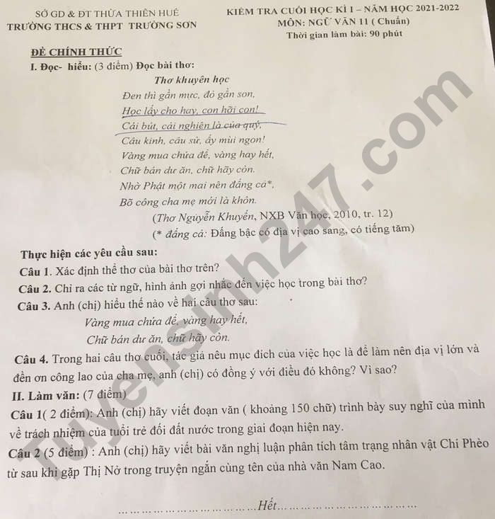 De thi ki 1 mon Van lop 11 - THCS&THPT Truong Son 2021
