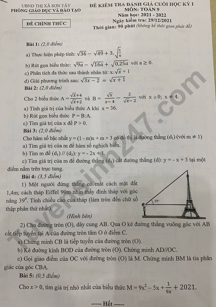 De thi hoc ki 1 lop 9 mon Toan - TX Son Tay 2021
