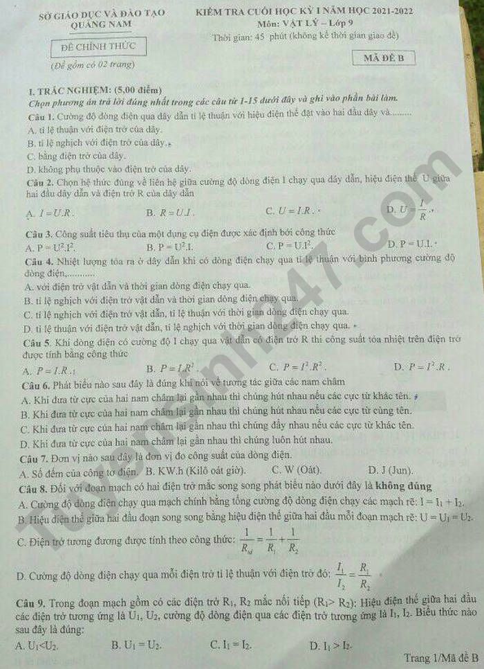 De thi cuoi ki 1 tinh Quang Nam nam 2021 - mon Ly lop 9