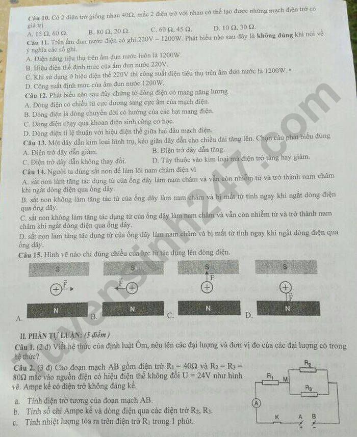 De thi cuoi ki 1 tinh Quang Nam nam 2021 - mon Ly lop 9