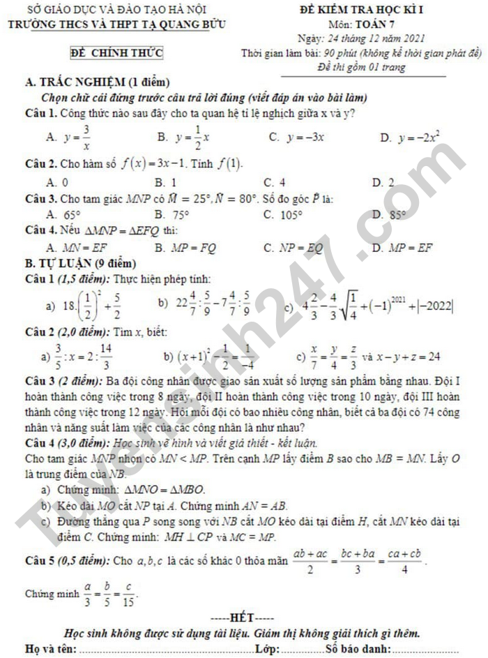 De thi hoc ki 1 lop 7 mon Toan 2021 - THCS&THPT Ta Quang Buu
