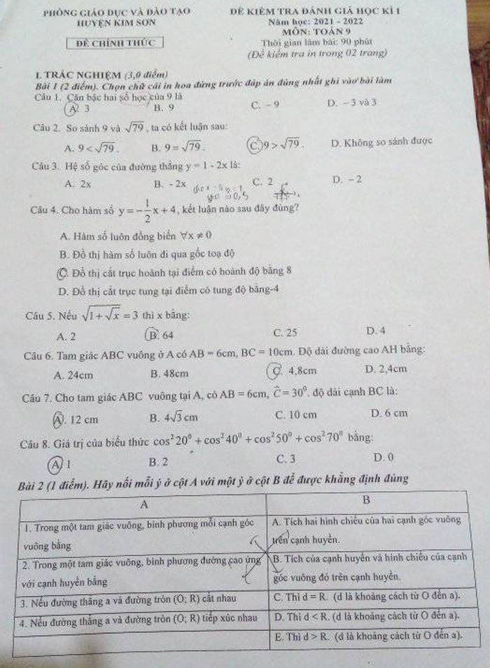 De thi hoc ki 1 nam 2021 Huyen Kim Son lop 9 mon Toan