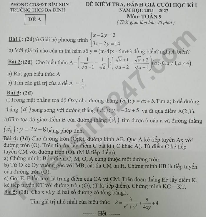 De thi hoc ki 1 Toan lop 9 nam 2021 THCS Ba Dinh