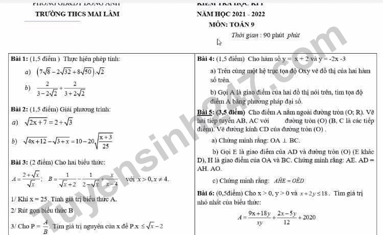 De thi ki 1 nam 2021 Toan lop 9 THCS Mai Lam