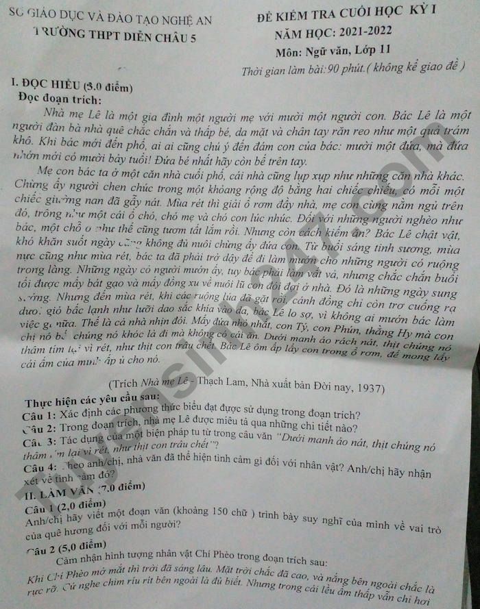 De thi ki 1 Van 11 nam 2021 - 2022 THPT Dien Chau 5