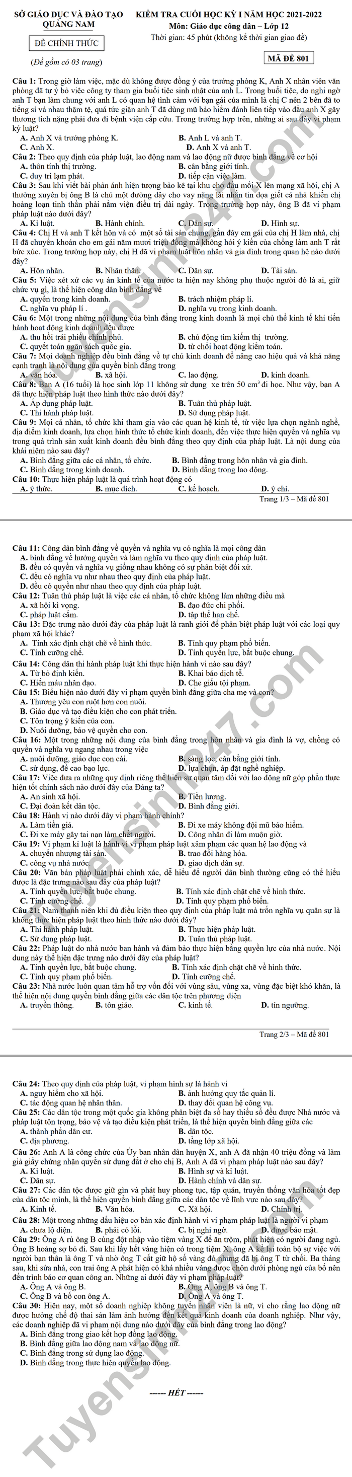 De thi hoc ki 1 mon GDCD lop 12 2021 - tinh Quang Nam