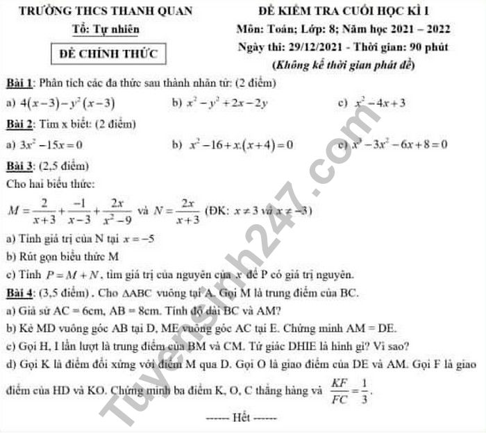 De thi hoc ki 1 THCS Thanh Quan mon Toan 8 nam 2021