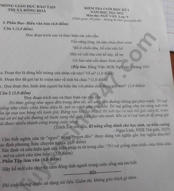 De thi hoc ki 1 mon Van lop 9 nam 2021 phong GD Thi Xa Dong Hoa