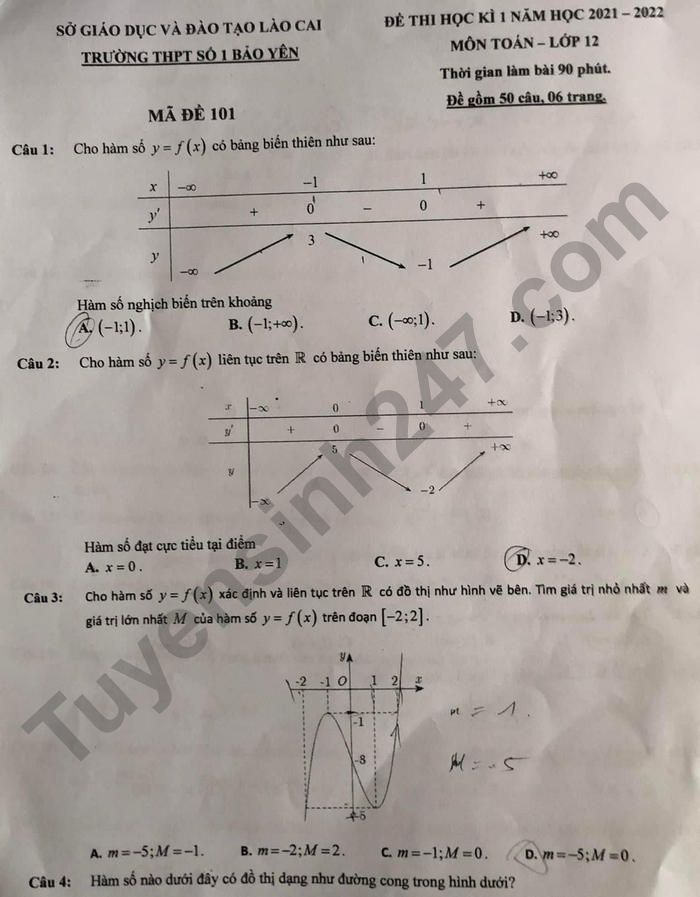De thi ki 1 nam 2021 - 2022 Toan lop 12 - THPT So 1 Bao Yen